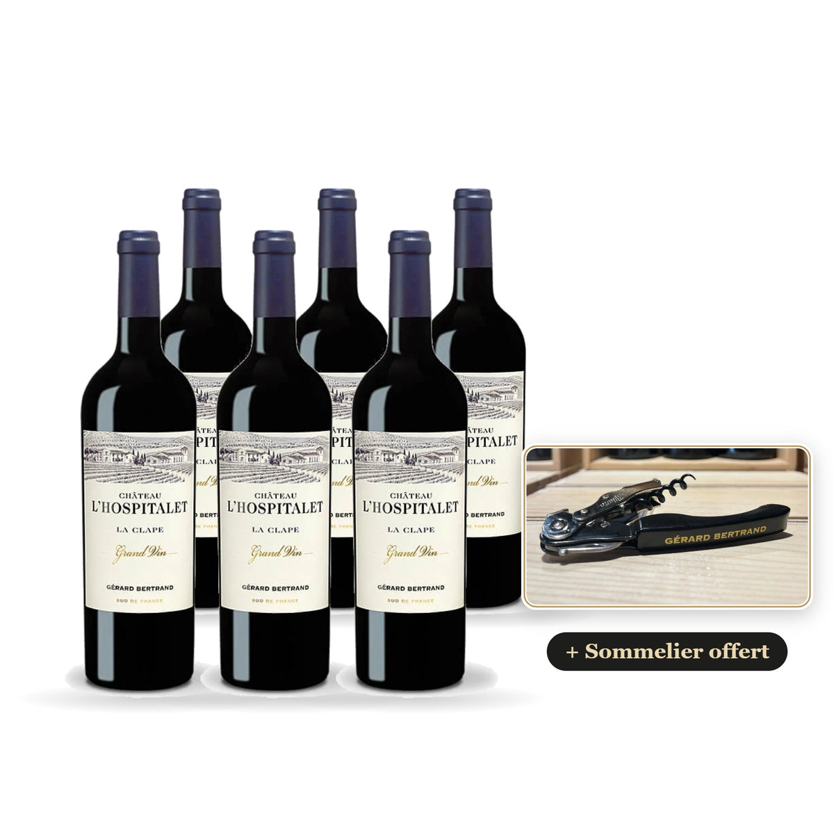 Pack of 6 Château l'Hospitalet Grand Vin red 2023 with a free Gérard Bertrand corkscrew