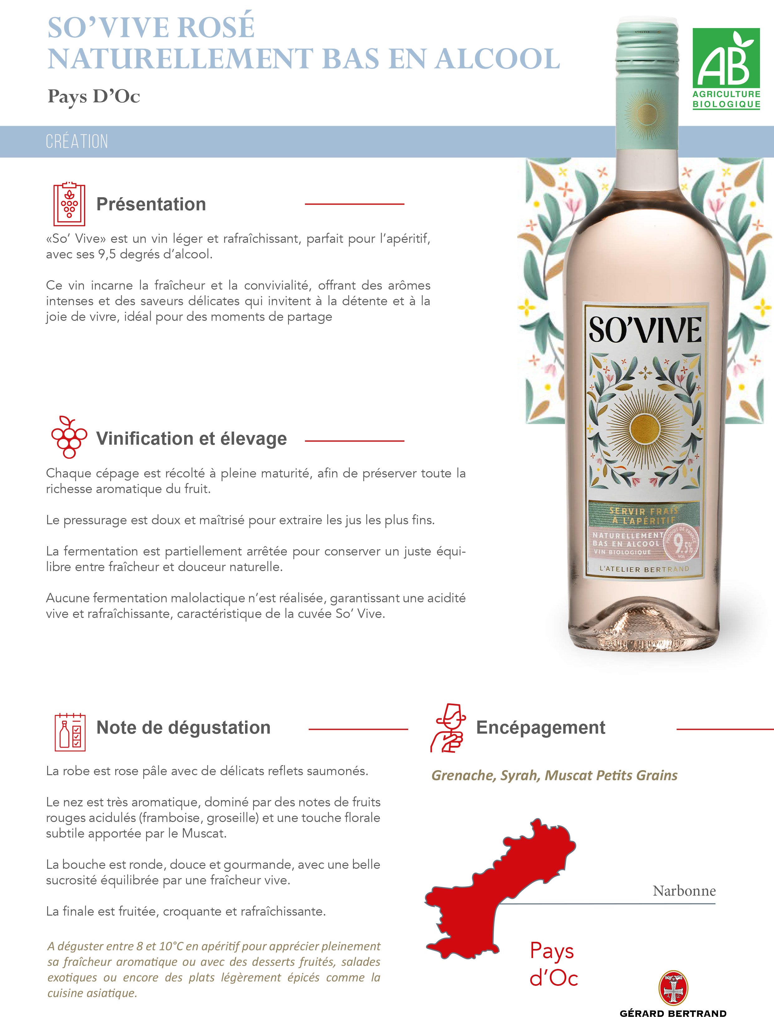 So'Vive 2025 organic rosé wine 75cl naturally low in alcohol - Gérard Bertrand