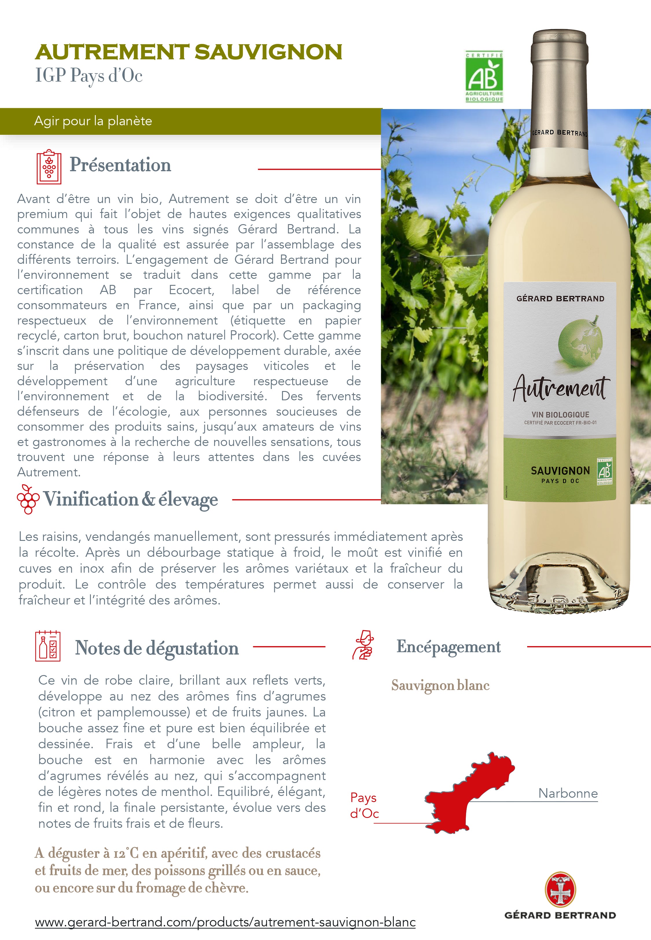 Autrement Sauvignon Blanc 2024 75cl vin blanc bio - Gérard Bertrand 