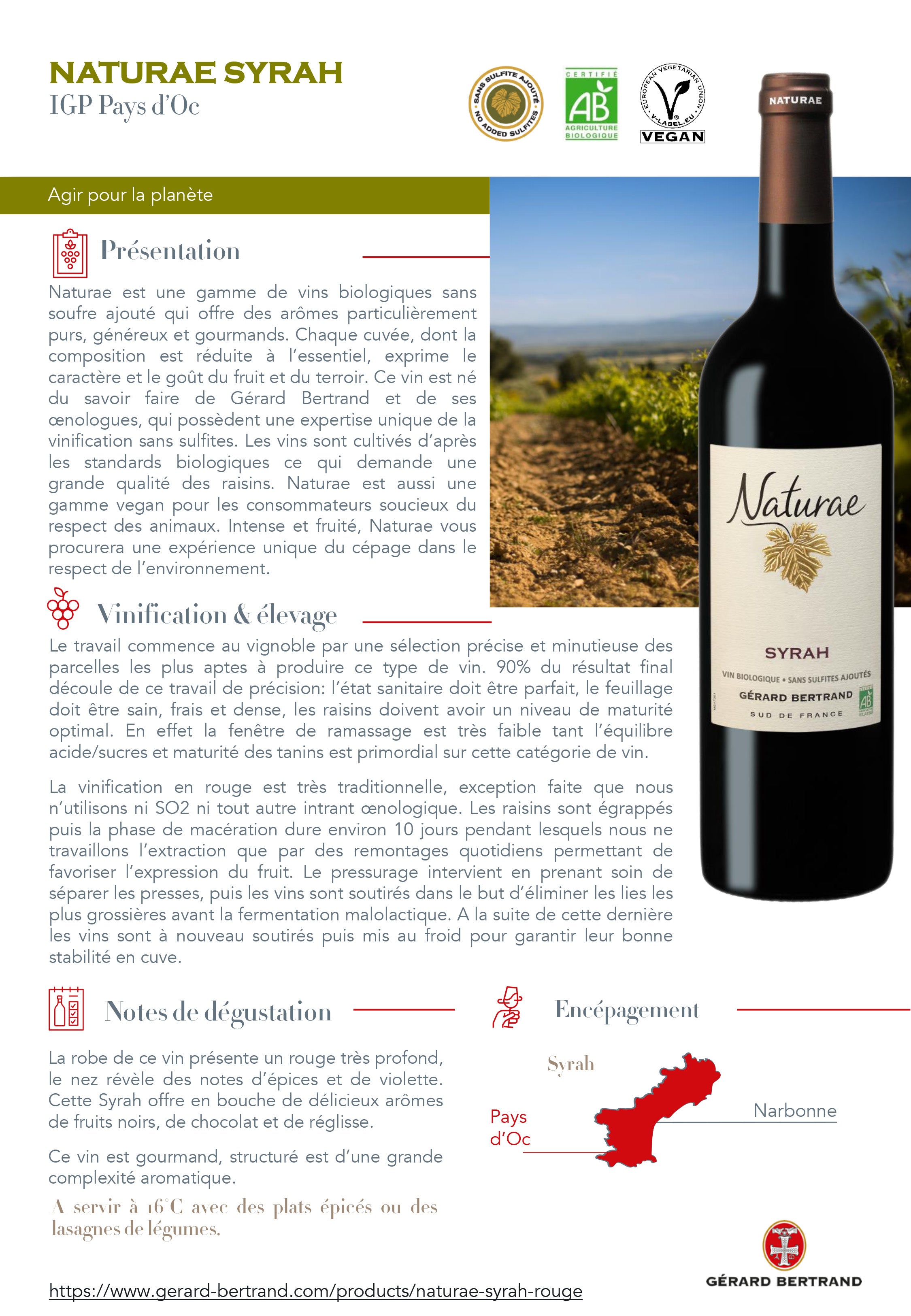 Naturae Syrah 2023 75cl vin rouge bio vegan sans sulfites Lot 6 Bouteilles