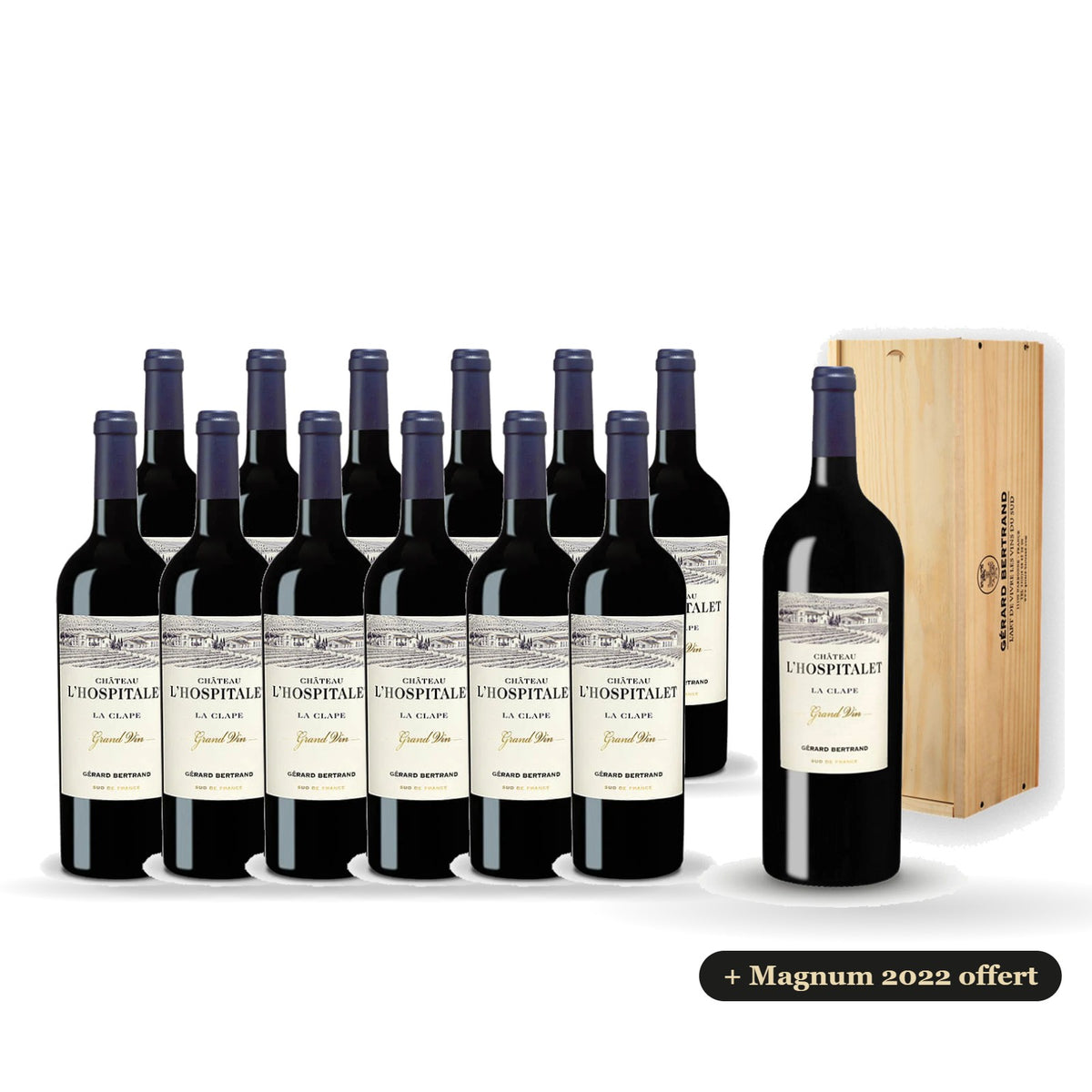 Pack of 12 Château l'Hospitalet Grand Vin red 2023 with a free 2022 magnum in a wooden gift box
