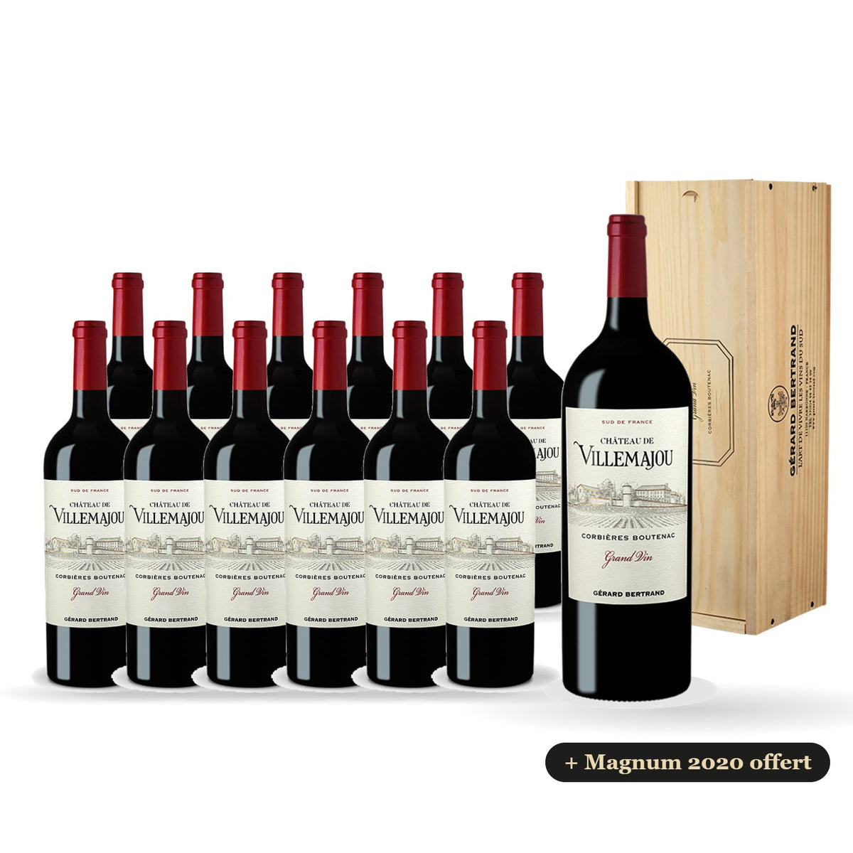 Pack of 12 bottles of Château de Villemajou Grand Vin red 2023 with a free 2020 magnum